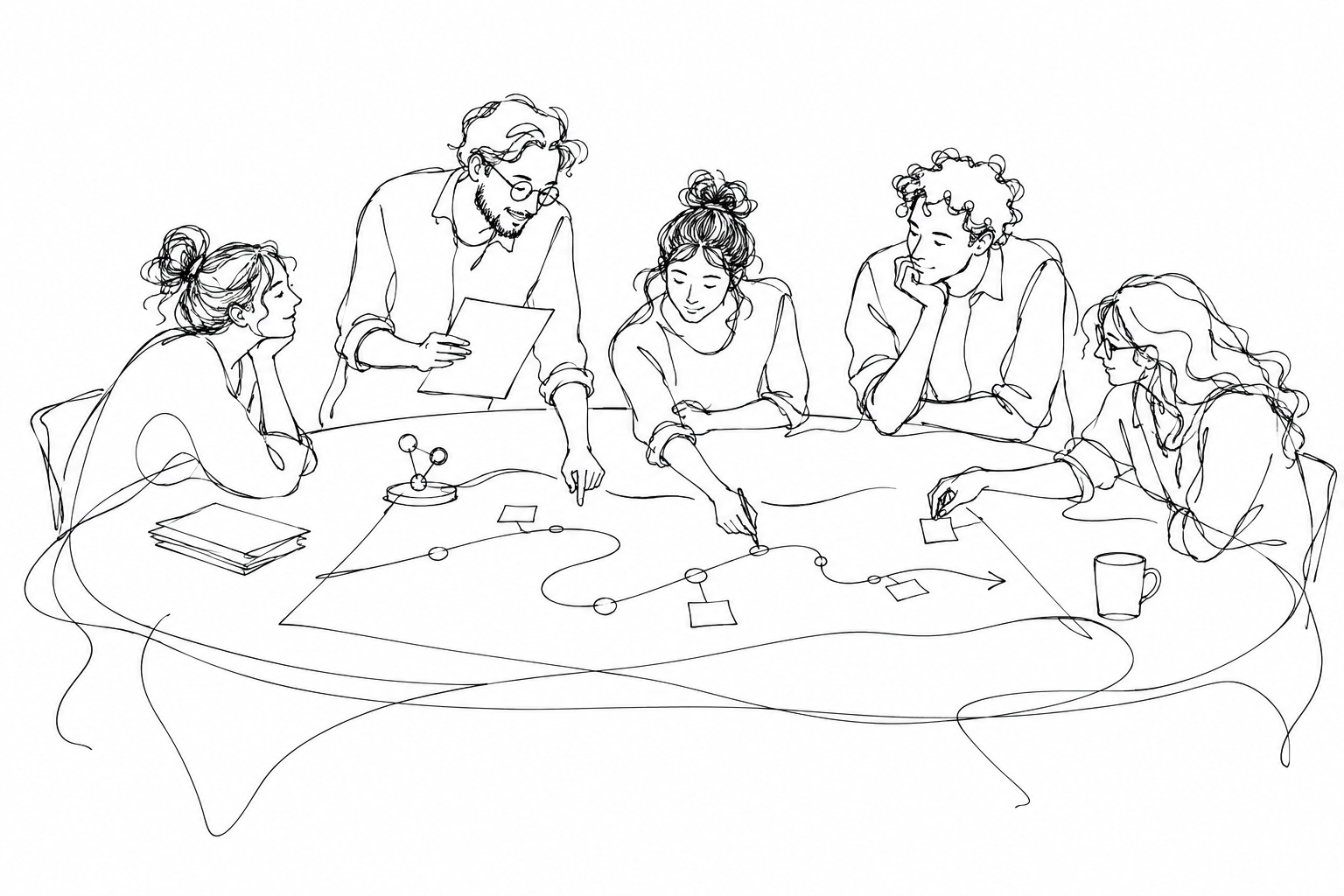 Five colleagues working around one table on a shared plan