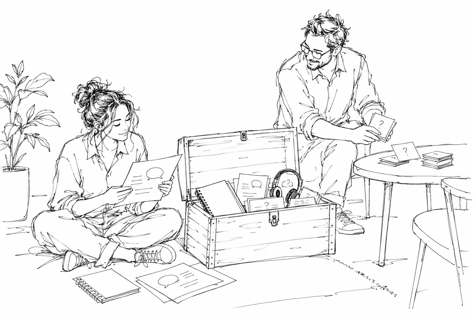 Two colleagues uncover customer conversations, notebooks, and question cards in a treasure chest.