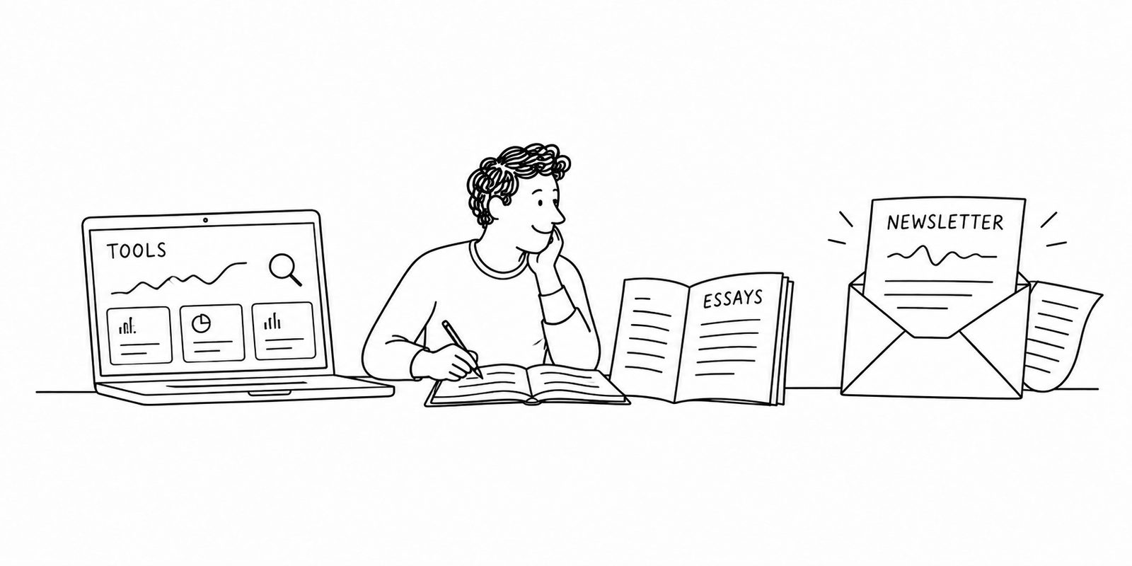 Illustration of creating tools, writing essays, and publishing a newsletter
